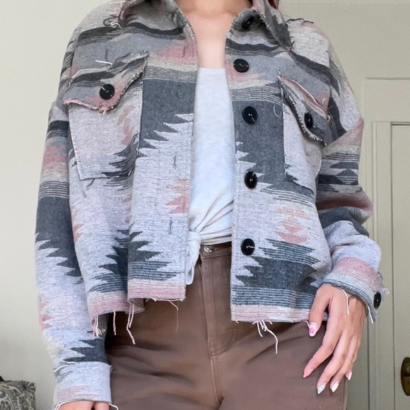 Raw Hem Pink/Grey Aztec Shacket - Picture 2 of 2